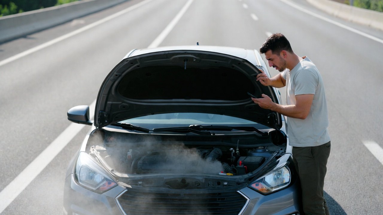 Persona frustrada buscando ayuda automotriz